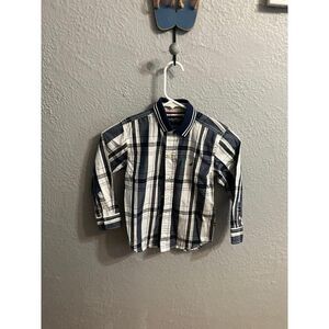 Boys blue white gray plaid button up longsleeve‎ shirt size small 4